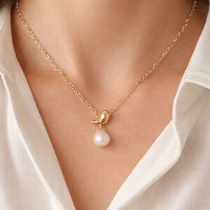 Freshwater Pearl Bird Necklace 14k Gold Plated